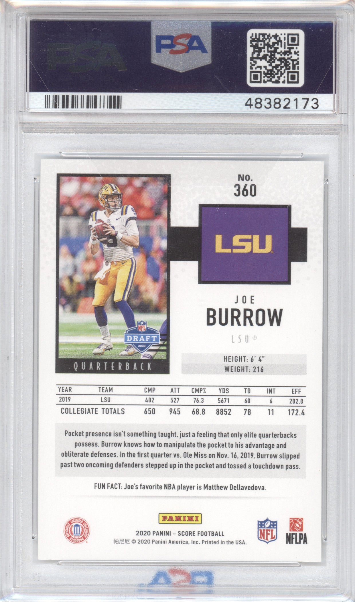 2020 Panini Score Joe Burrow #360 PSA 10