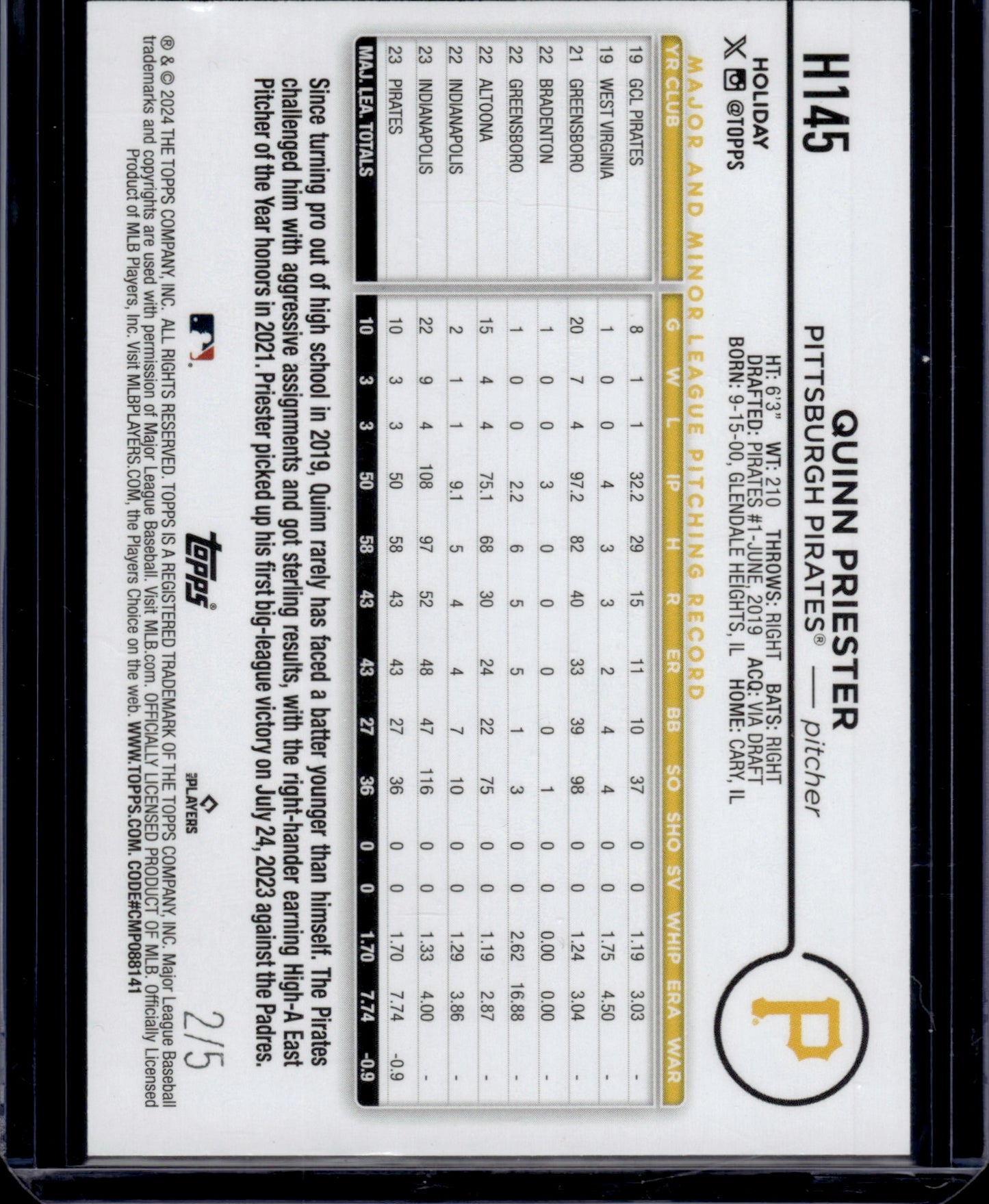 2019 Topps Holiday Quinn Priester #H145 RC