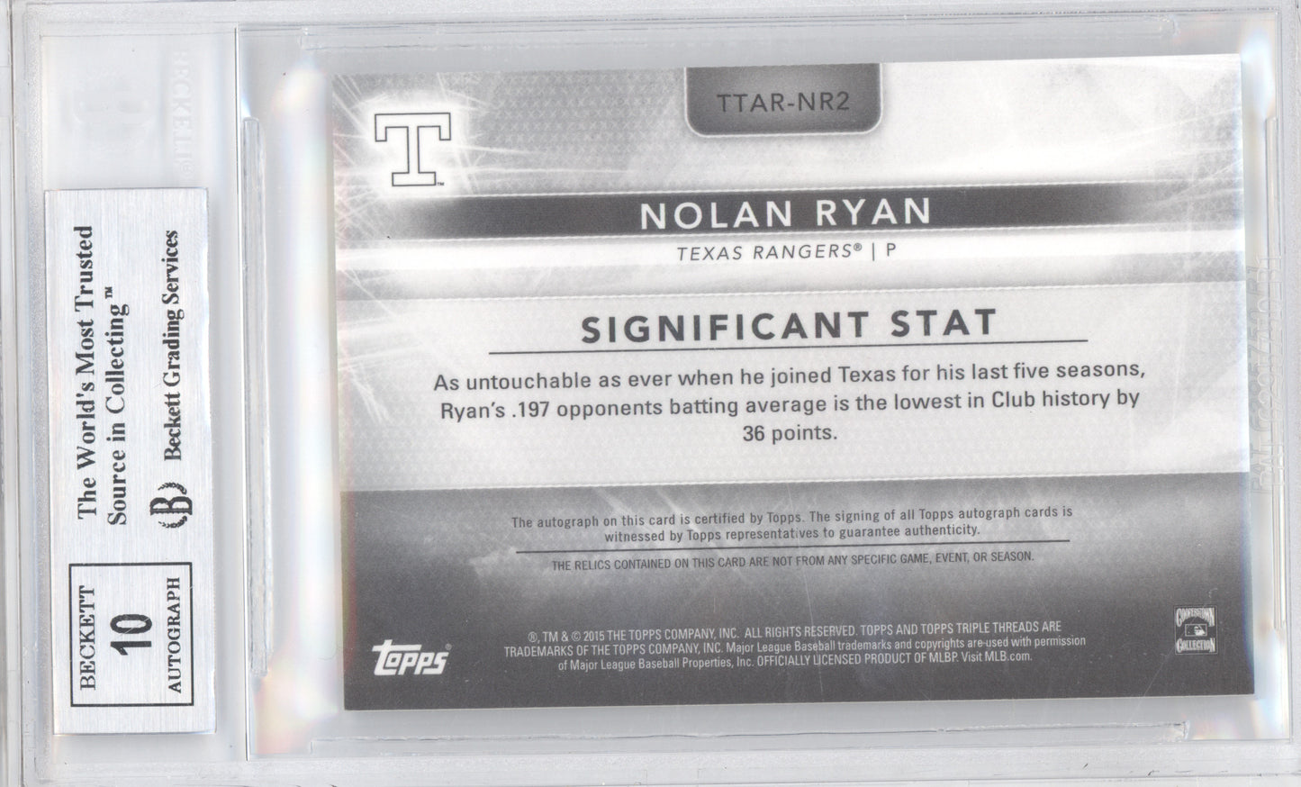 2015 Topps Triple Threads Relic Autographs Nolan Ryan #NR2 09/18 BGS 9 Auto 10