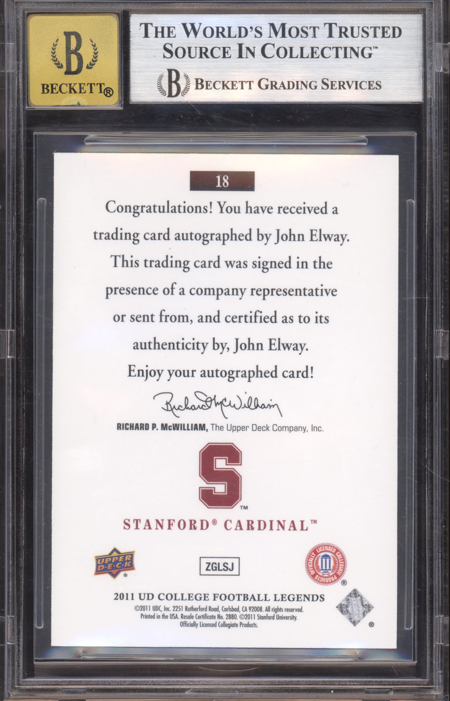 2011 Upper Deck College Legends Autographs John Elway #18 BGS 8 Auto 10