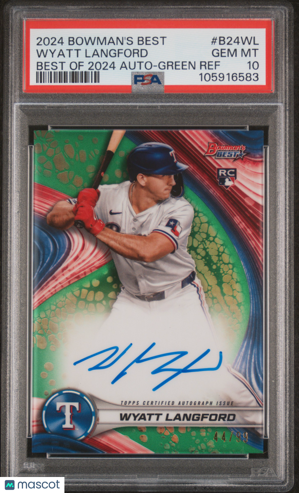 2024 Bowman's Best Of 2024 Autographs Wyatt Langford #B24WL Green 44/99 PSA 10