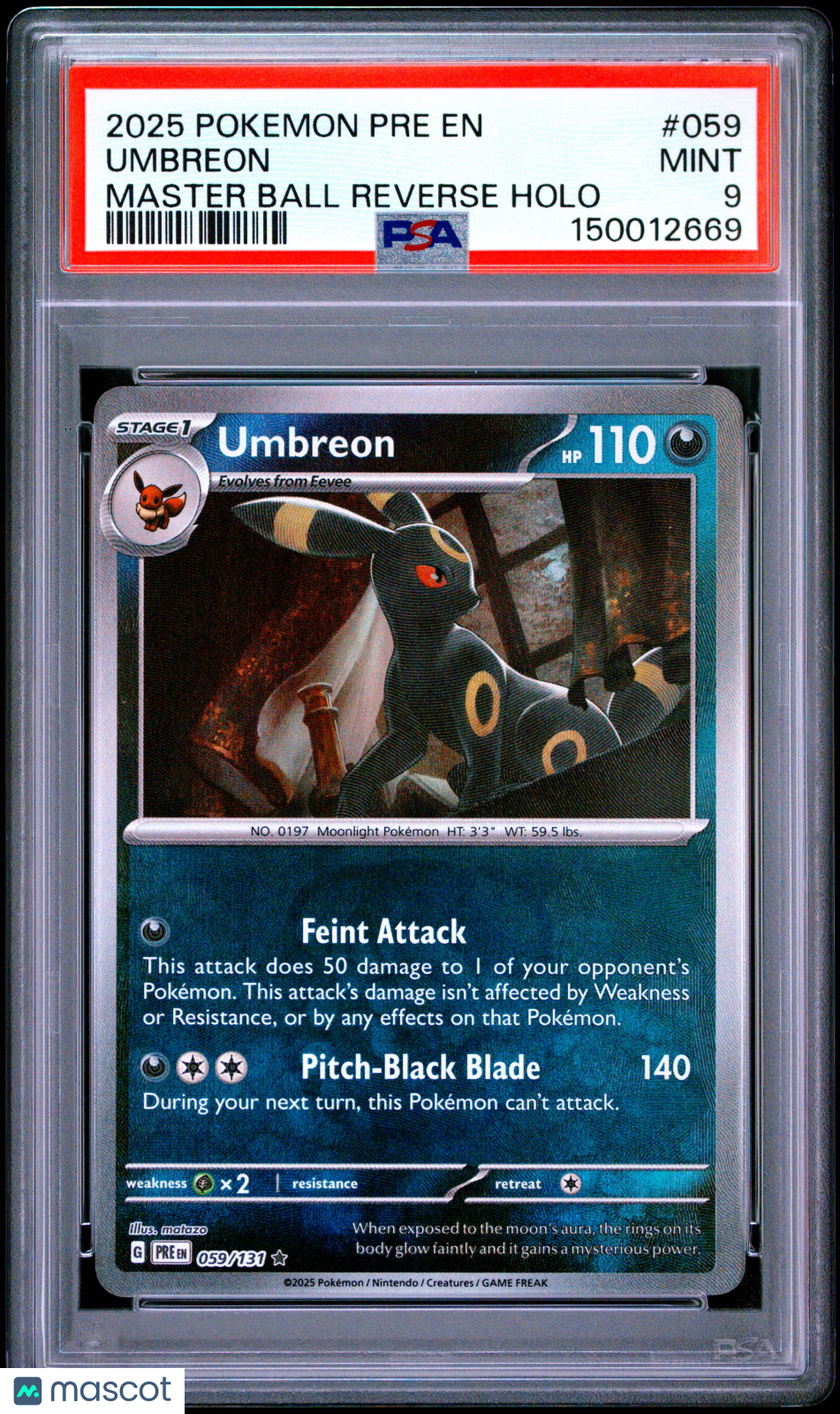 2025 Pokemon S&V Prismatic Evolutions Umbreon Master Ball Rev Holo PSA 9 059/131