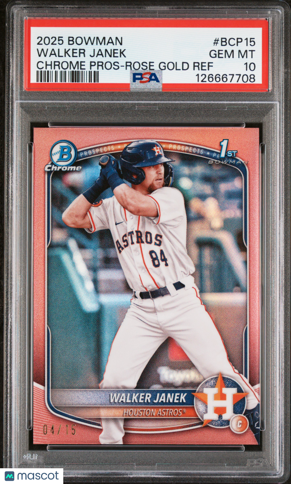 2025 Bowman Chrome Prospects Walker Janek #BCP15 Rose Gold Ref 04/15 PSA 10