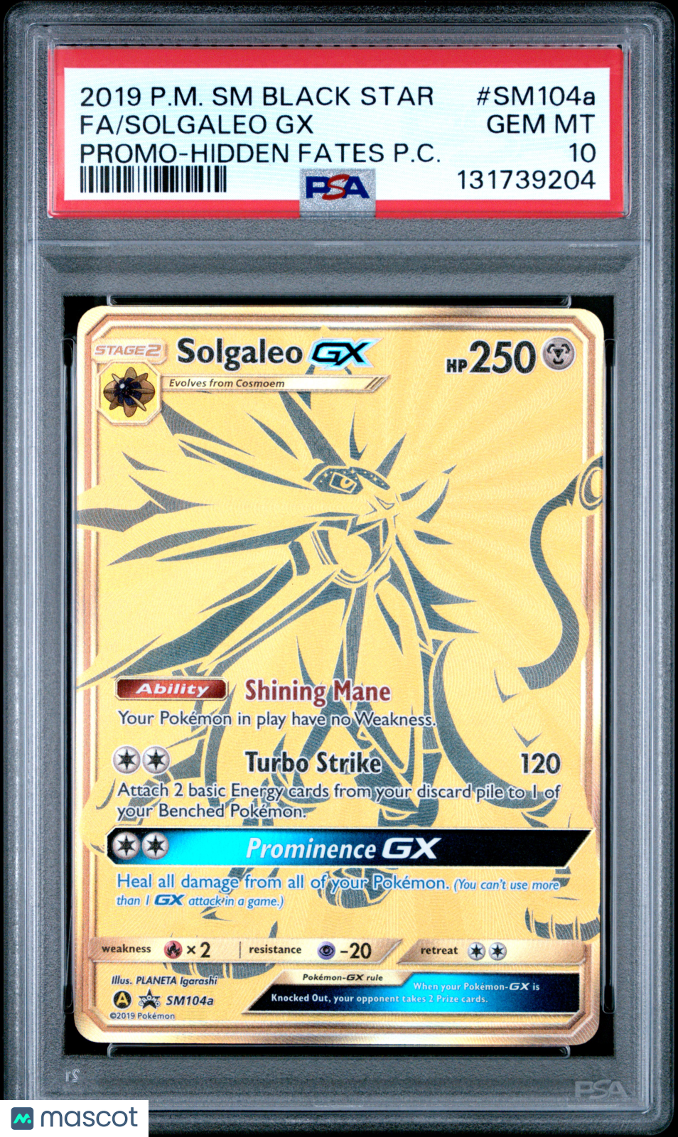 2019 Sun & Moon Yellow A Alternate Black Star Promo Solgaleo GX PSA 10 #SM104a