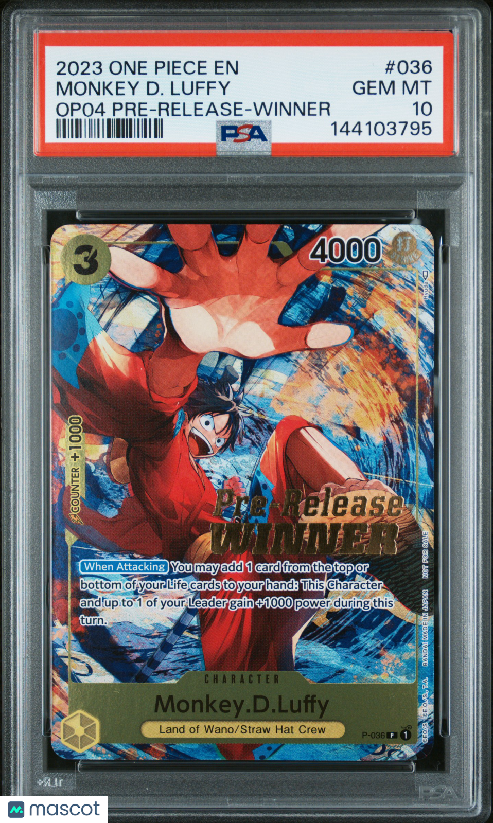 2023 One Piece Promos Monkey D. Luffy Op04 Pre-Release-Winner PSA 10 #036