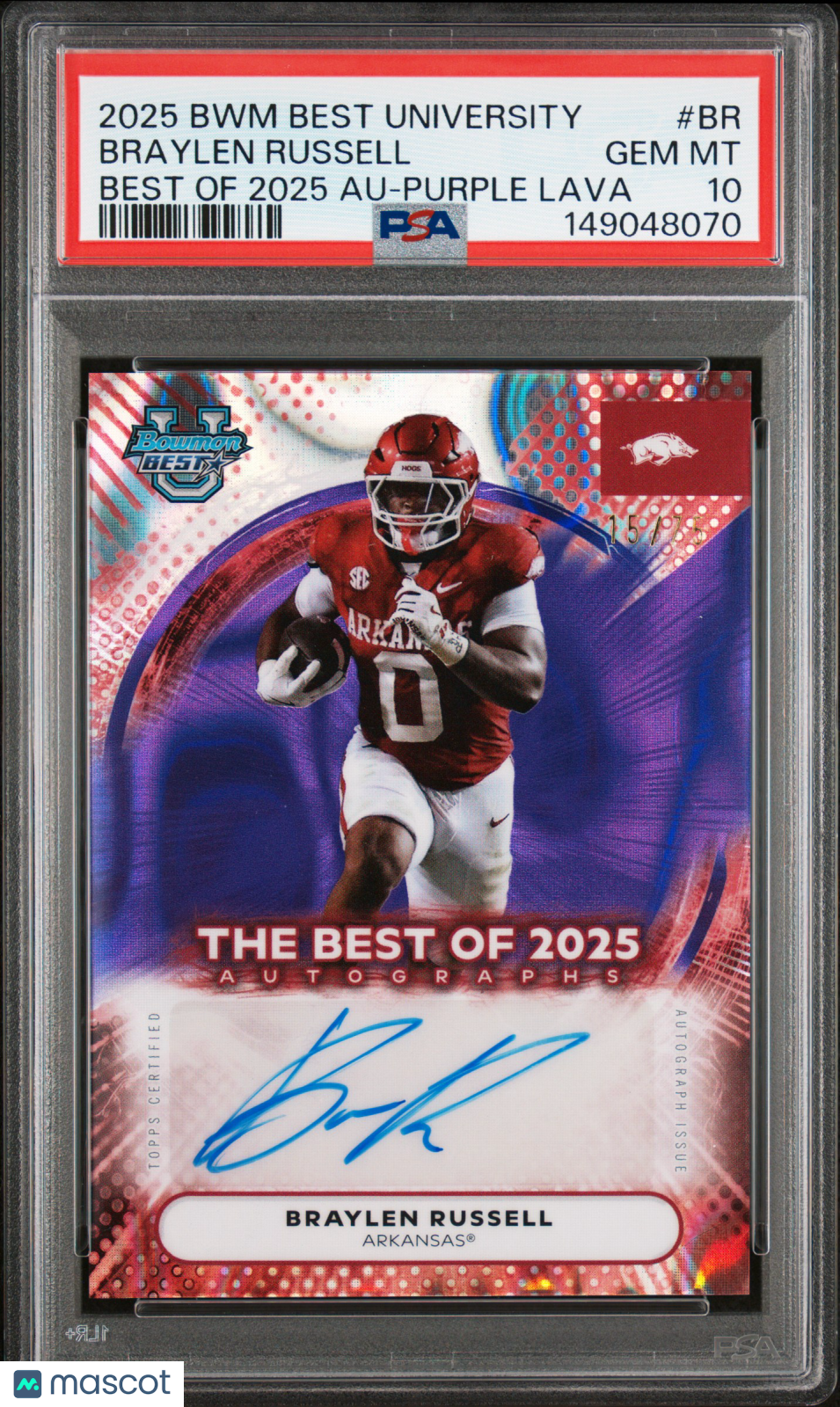 2025 Bowman U Best Of 2025 Autos Braylen Russell #BR Purple Lava 15/75 PSA 10