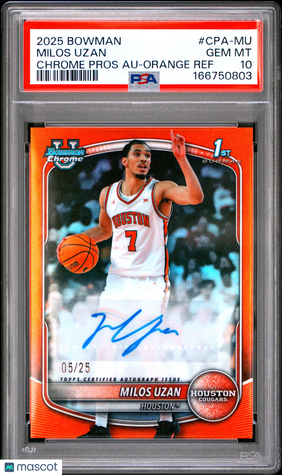 2025 Bowman Chrome Prospect Autograph Milos Uzan #CPA-MU Orange Ref 05/25 PSA 10