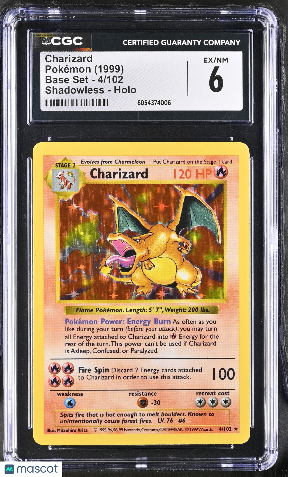 1999 Pokemon Base Set Charizard Shadowless Holo CGC 6 #4/102
