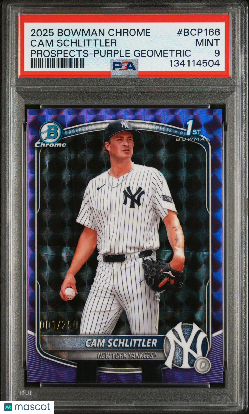 2025 Bowman Chrome Prospects Cam Schlittler #166 Purple Geometric 001/250 PSA 9