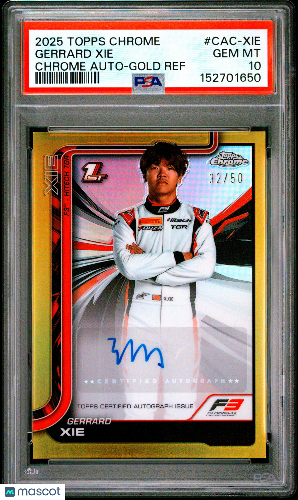 2025 Topps Chrome Formula 1 Autographs Gerrard Xie #CAC-XIE Gold 32/50 PSA 10