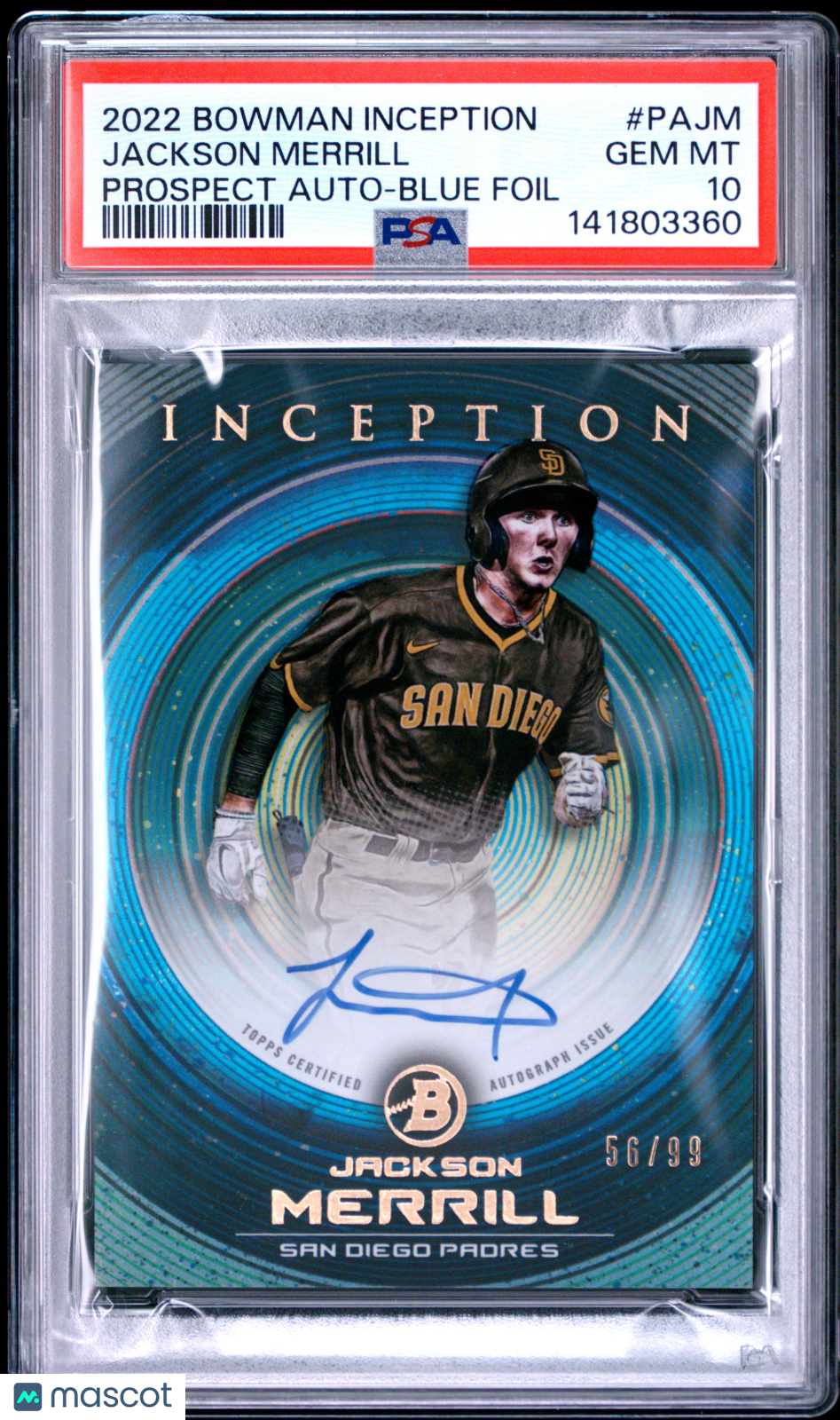 2022 Bowman Inception Prospect Auto Jackson Merrill #PAJM Blue Foil 56/99 PSA 10