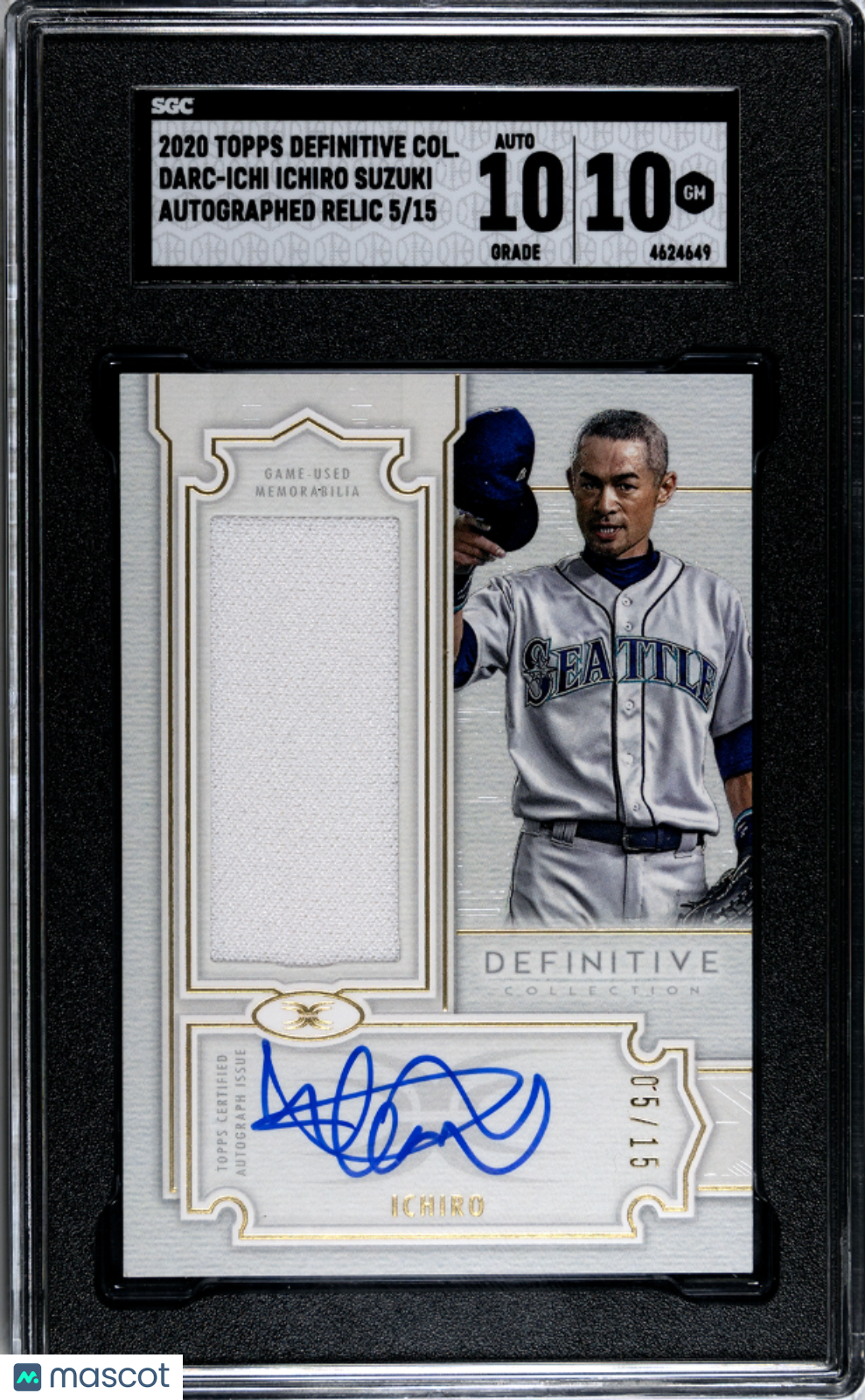 2020 Topps Definitive Ichiro Suzuki #DARC-ICHI Auto Relic 05/15 SGC 10 Auto 10
