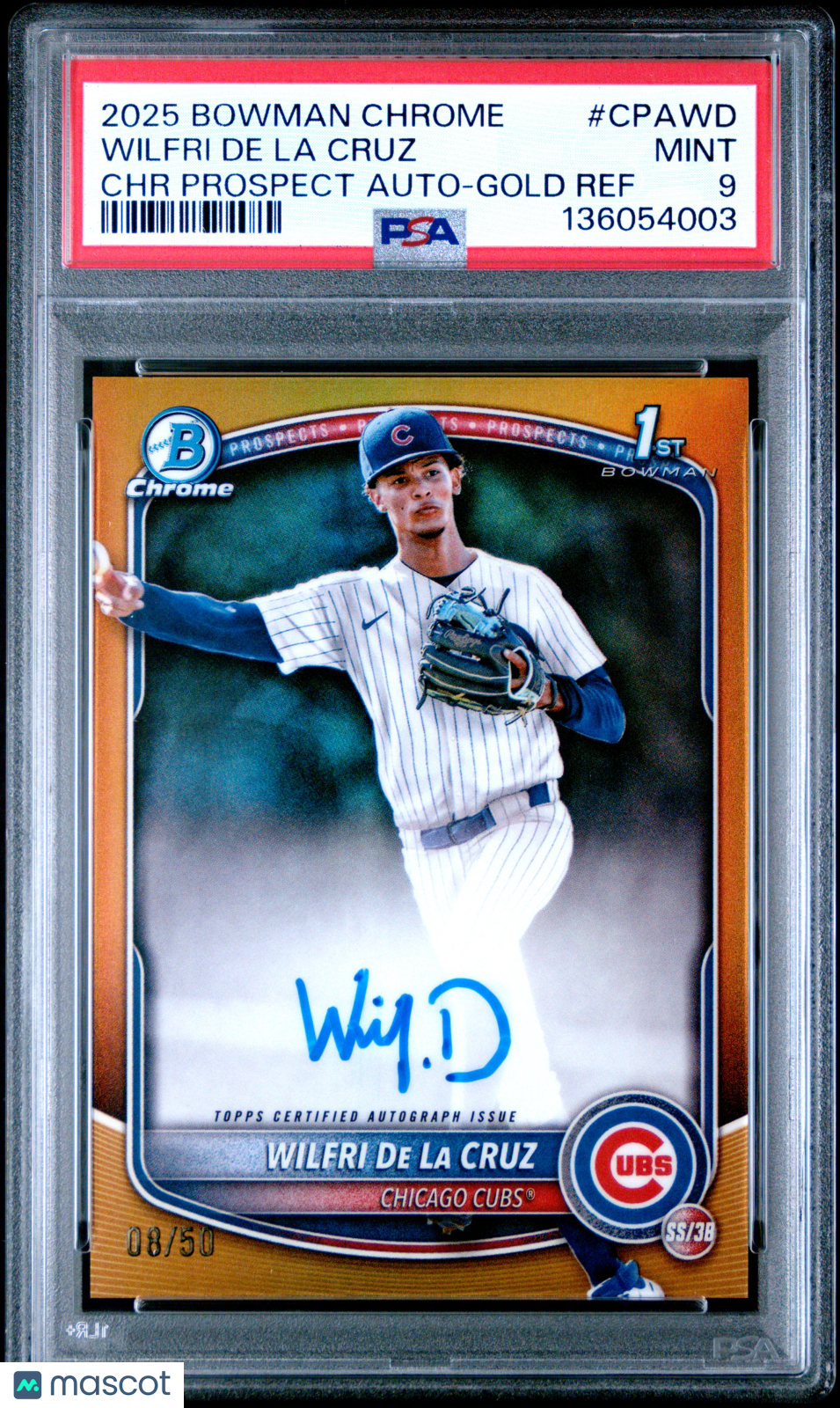 2025 Bowman Chrome Prospect Auto Wilfri De La Cruz #CPAWD Gold Ref 08/50 PSA 9