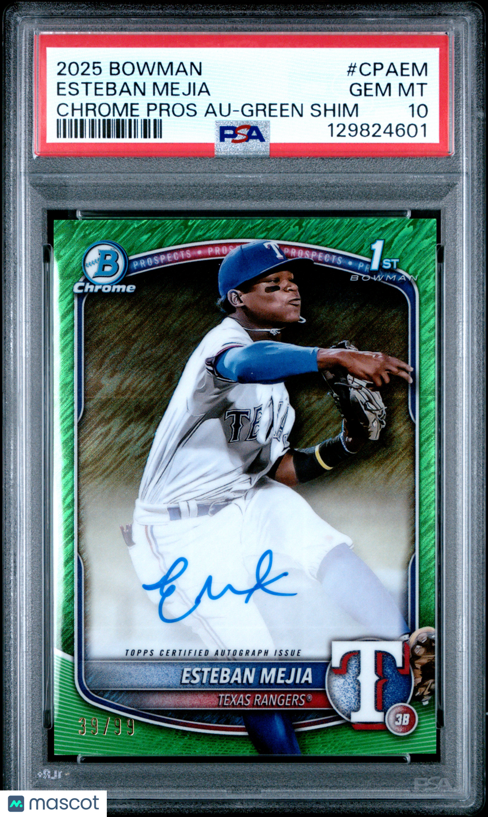 2025 Bowman Chrome Prospect Autographs Esteban Mejia Green Shimmer 39/99 PSA 10