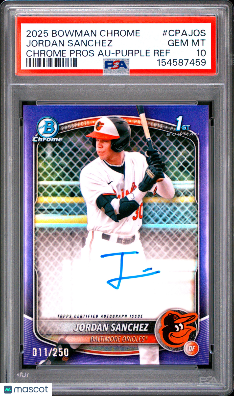 2025 Bowman Chrome Prospect Autographs Jordan Sanchez #JOS Purple 011/250 PSA 10