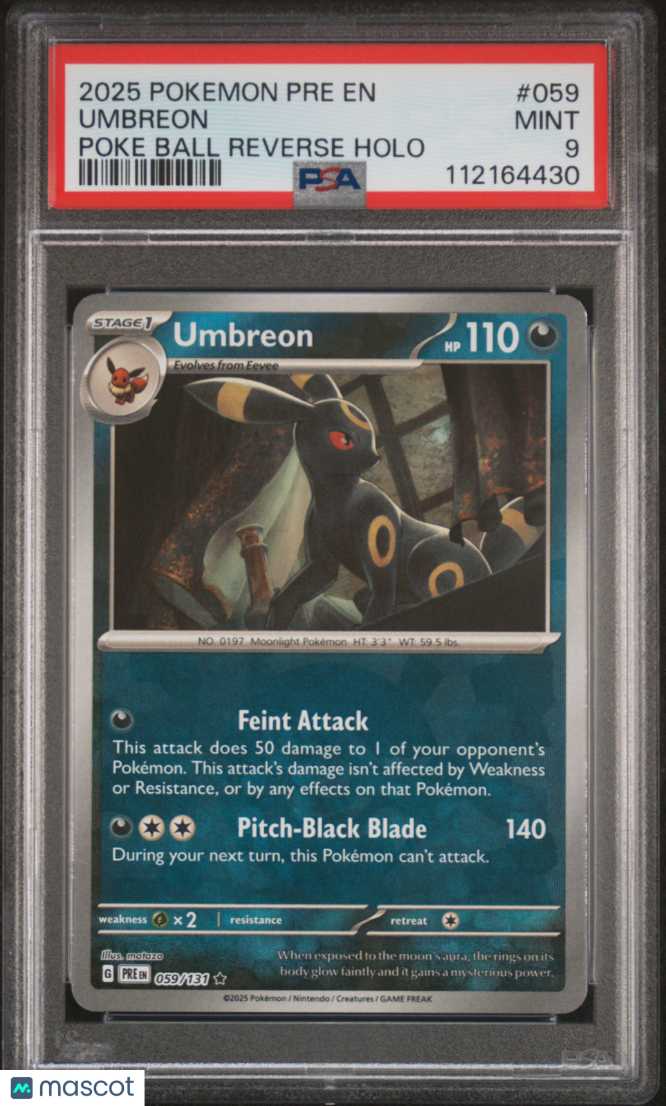 2025 Pokemon Prismatic Evolutions Umbreon #059/131 Poke Ball Reverse Holo PSA 9