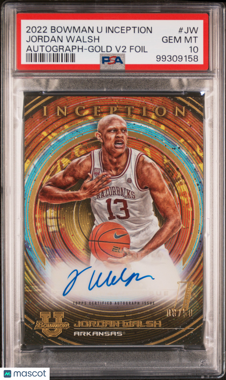 2022 Bowman University Inception Autographs Jordan Walsh #JW Gold 08/50 PSA 10