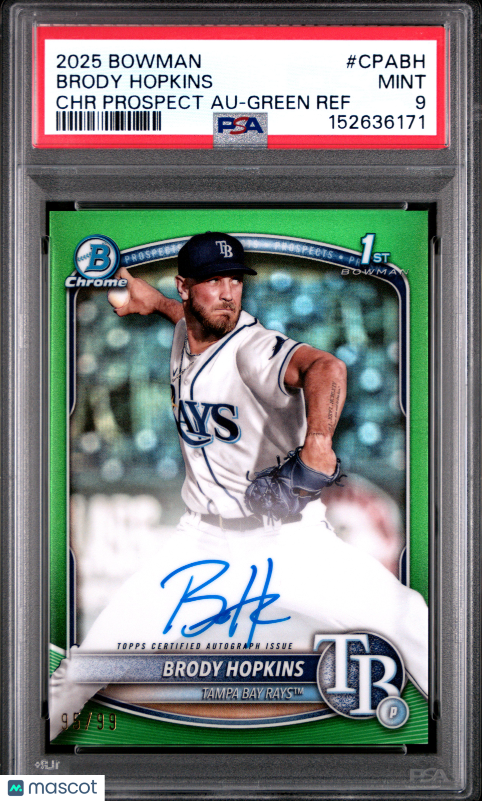 2025 Bowman Chrome Prospect Autographs Brody Hopkins #CPABH Green 95/99 PSA 9