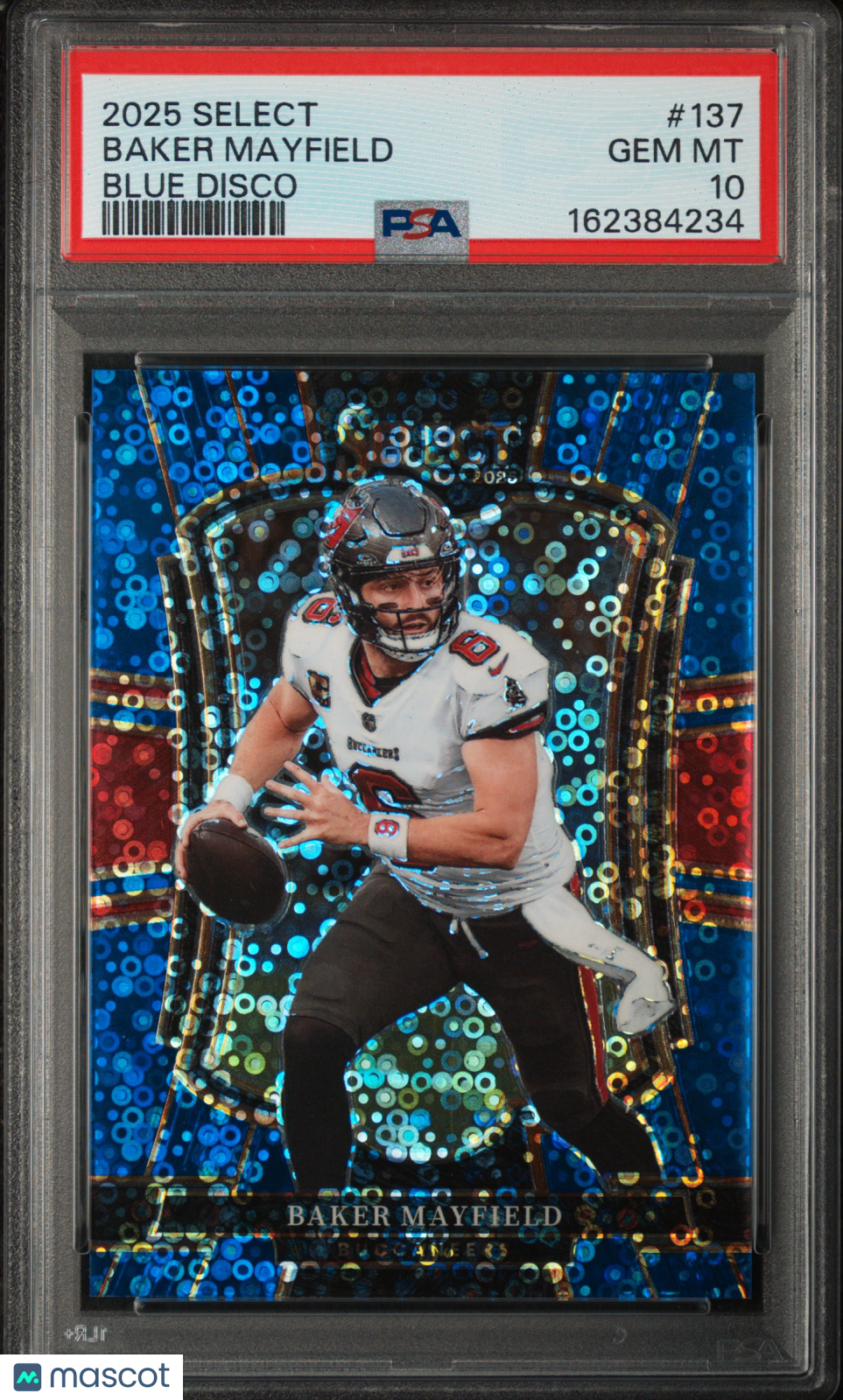 2025 Panini Select Baker Mayfield #137 Blue Disco 6/25 Jersey Match PSA 10