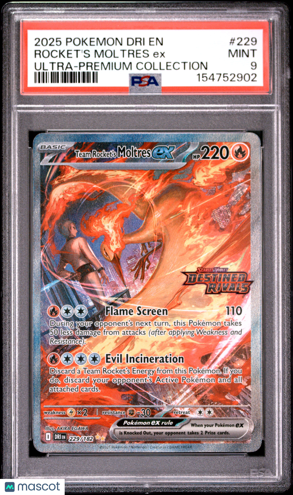 2025 Pokemon Dri EN-Destined Rivals Rocket's Moltres EX UPC PSA 9 #229