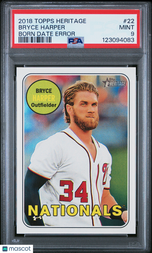 2018 Topps Heritage Bryce Harper #22 Born Date Error PSA 9