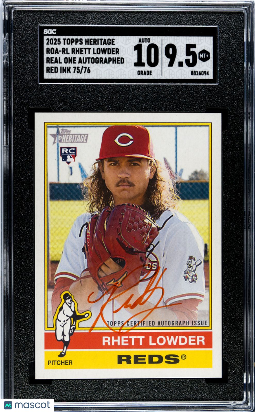 2025 Topps Heritage Rhett Lowder #RL Real One Auto Red Ink 75/76 SGC 9.5 Auto 10