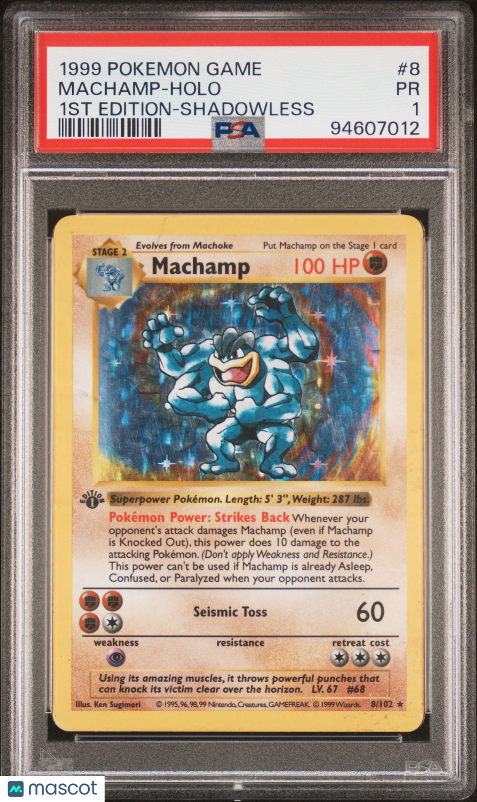 1999 Pokemon Game Machamp Holo 1st Edition-Shadowless PSA 1 #8/102