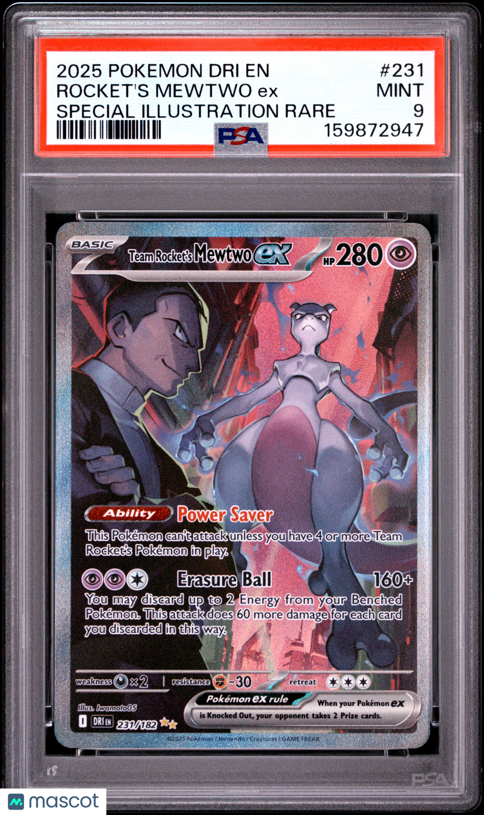 2025 Pokemon Destined Rivals Team Rocket's Mewtwo ex PSA 9 #231/182
