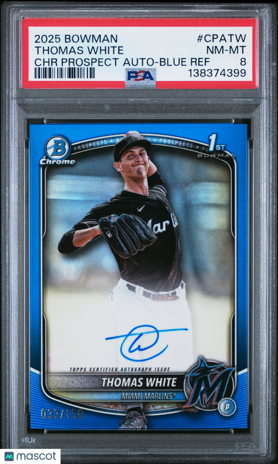 2025 Bowman Chrome Prospect Autographs Thomas White #CPATW Blue 033/150 PSA 8