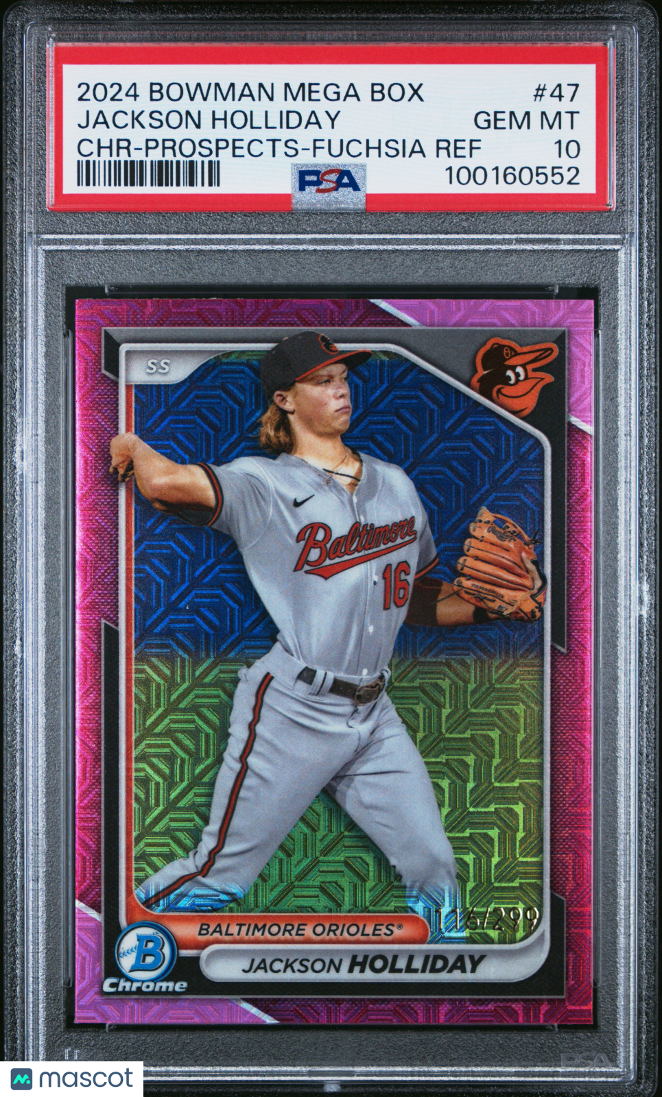 2024 Bowman Mega Box Chrome Prospect Jackson Holliday #47 Fuchsia 116/299 PSA 10