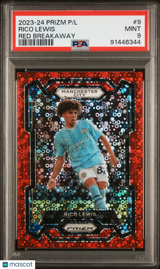 2023-24 Panini Prizm Premier League Rico Lewis #9 Red Breakaway PSA 9