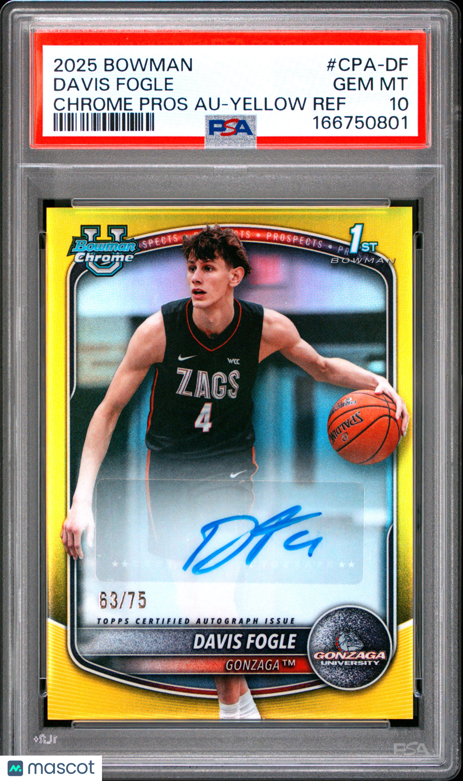 2025 Bowman Chrome Prospect Autograph Davis Fogle #CPADF Yellow Ref 63/75 PSA 10