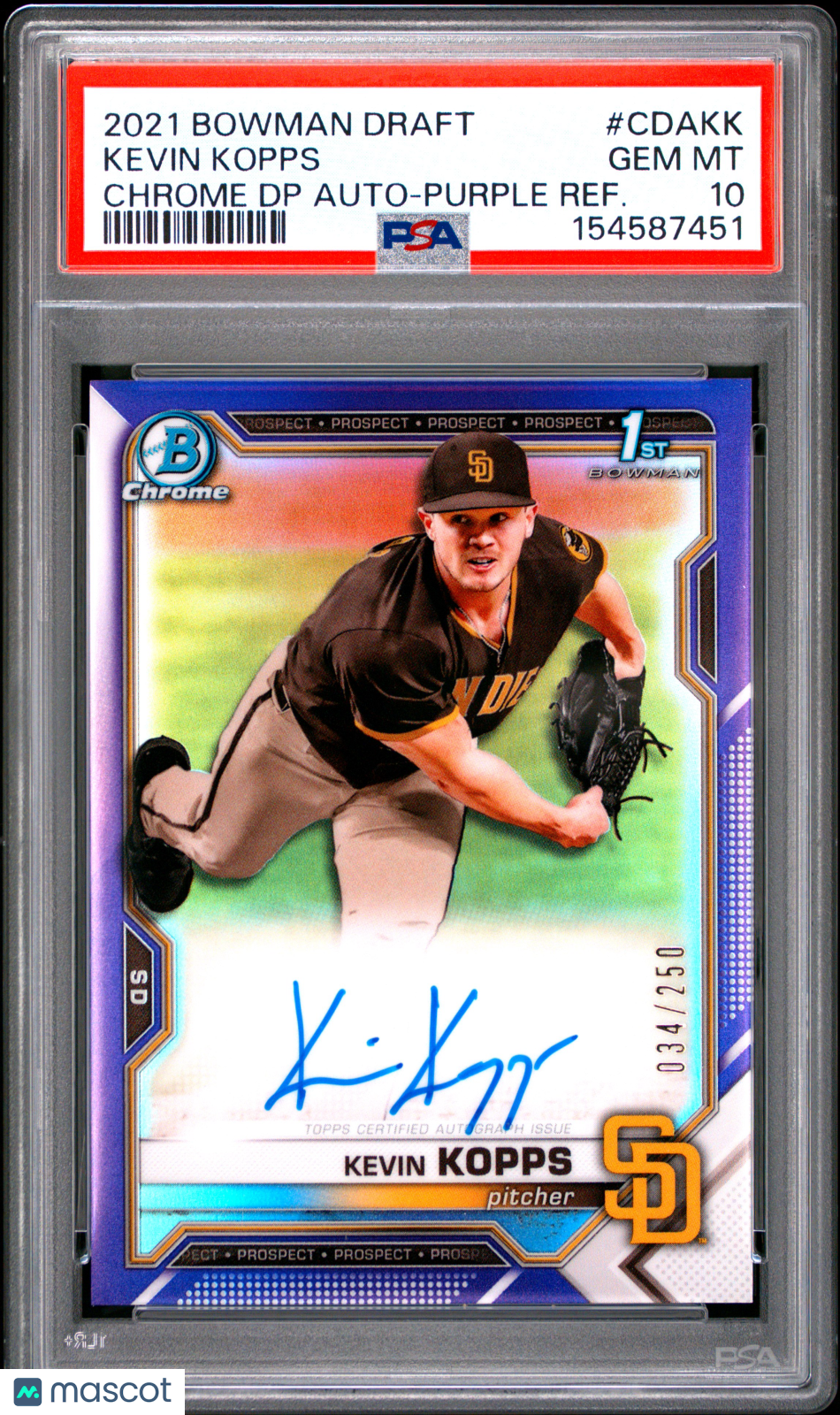 2021 Bowman Draft Pick Autographs Kevin Kopps #CDAKK Purple Ref. 034/250 PSA 10