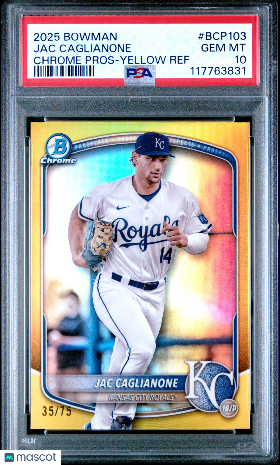 2025 Bowman Chrome Prospects Jac Caglianone #BCP103 Yellow Ref 35/75 PSA 10