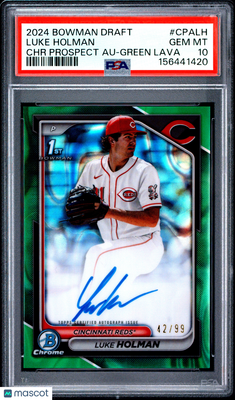 2024 Bowman Draft Chrome Prospect Autos Luke Holman #LH Green Lava 42/99 PSA 10