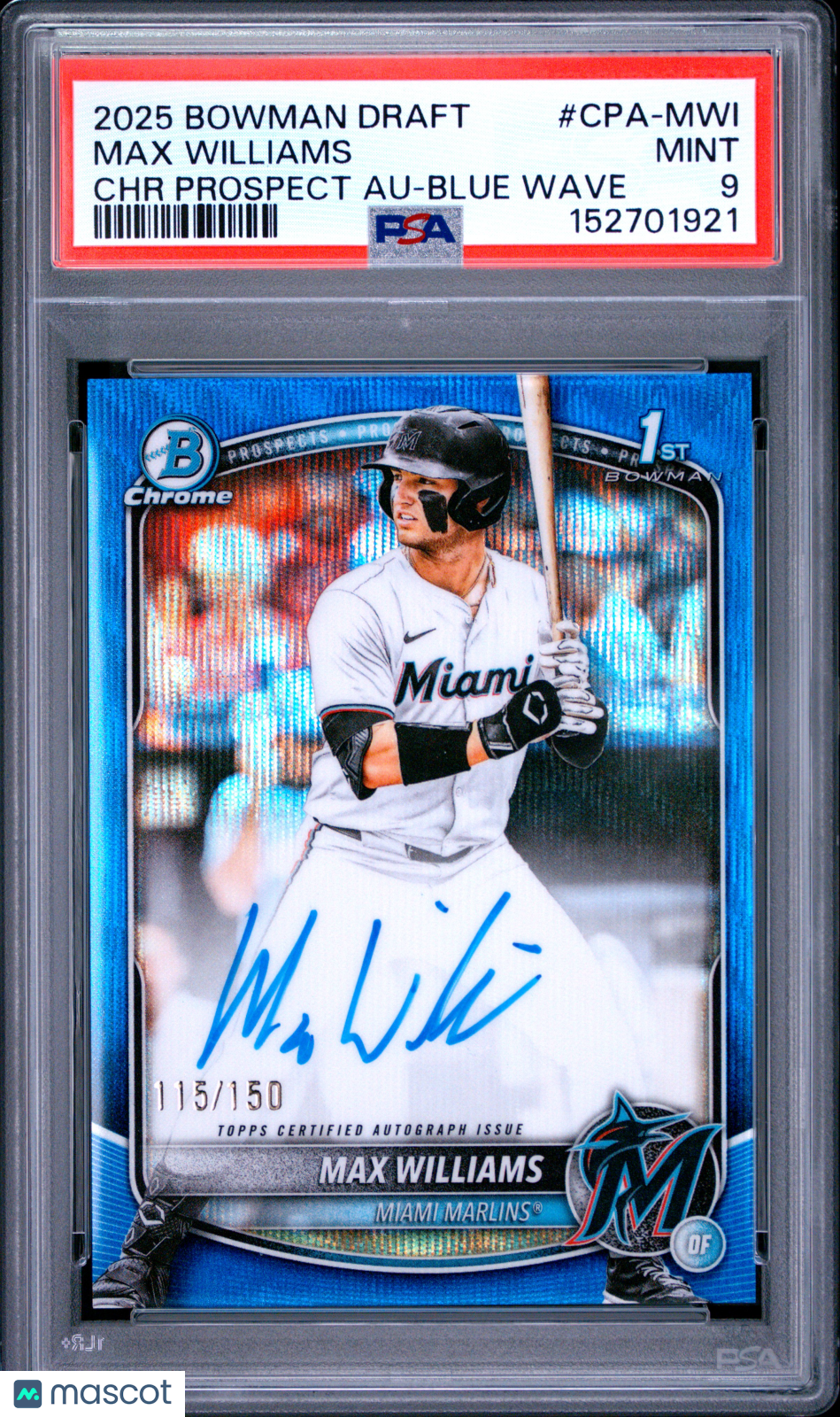 2025 Bowman Chrome Prospect Autographs Max Williams #MWI Blue Wave 115/150 PSA 9