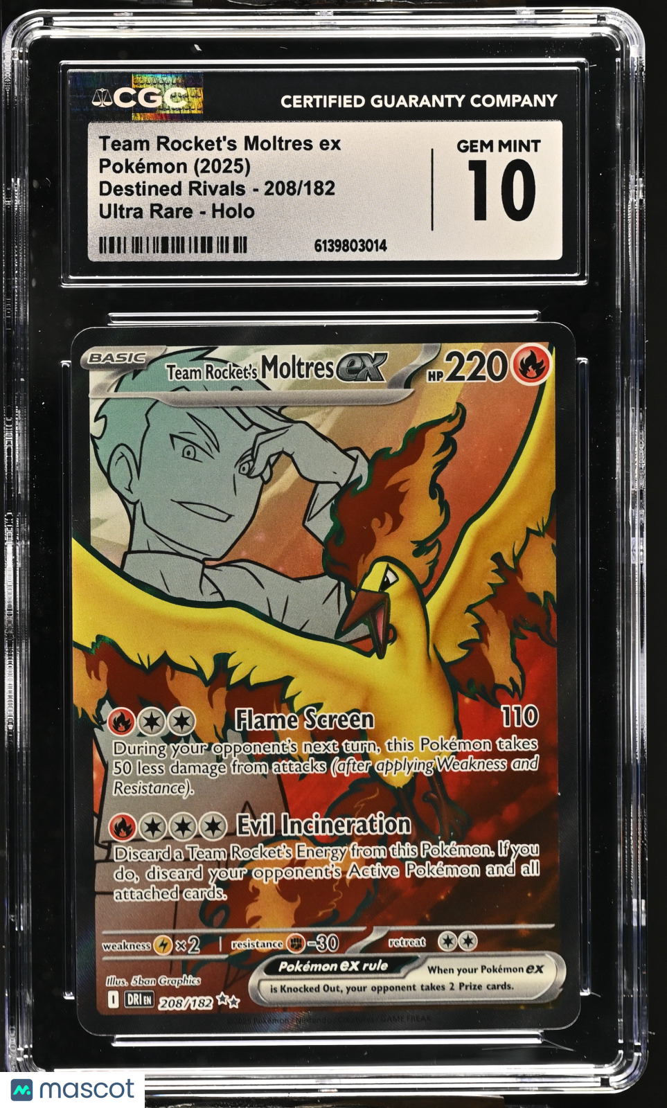 2025 Pokemon Destined Rivals Team Rocket's Moltres ex Ultra Rare CGC 10 #208/182