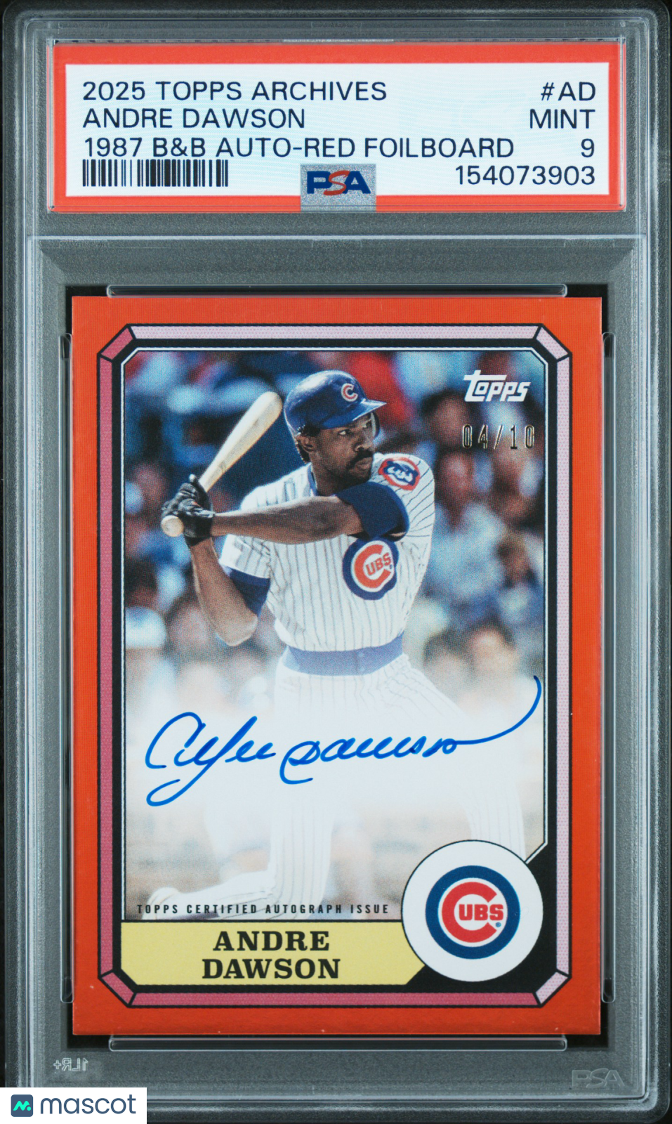 2025 Topps Archives 1987 B&B Autograph Andre Dawson #AD Red Foilboard 4/10 PSA 9
