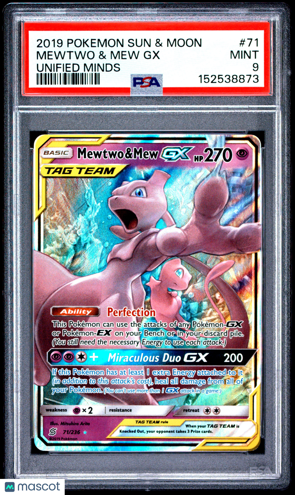 2019 Pokemon Sun & Moon Unified Minds Mewtwo & Mew GX PSA 9 #71/236