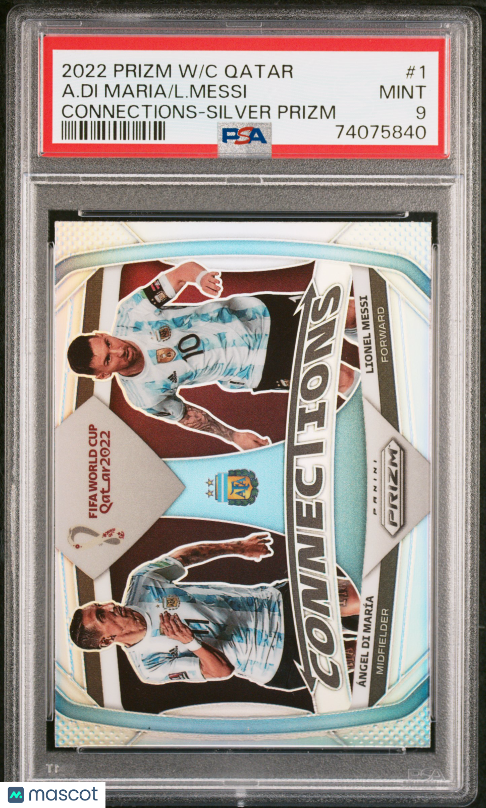 2022 Panini Prizm World Cup Qatar Connections DI Maria L. Messi #1 Silver PSA 9