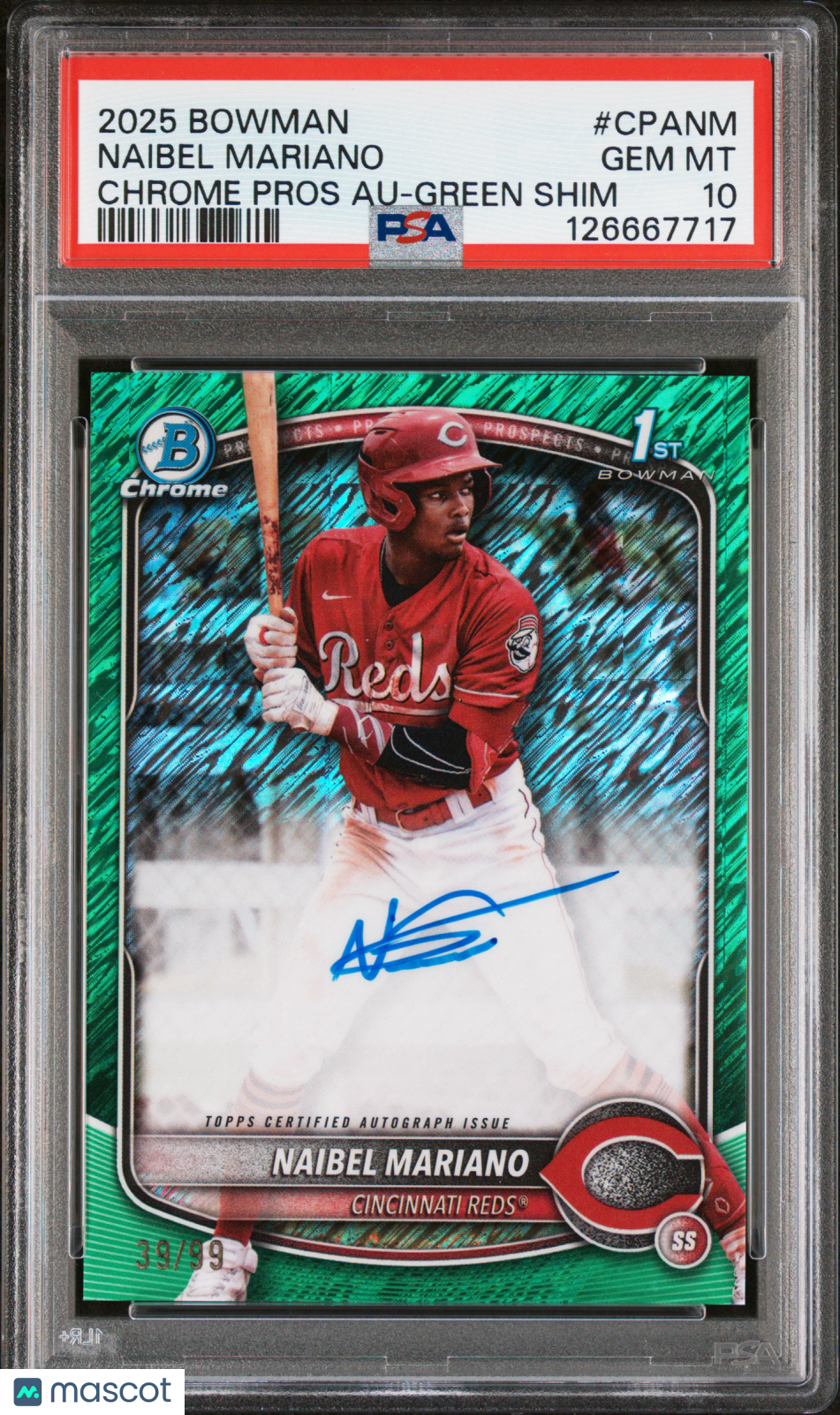 2025 Bowman Chrome Prospect Autograph Naibel Mariano #NM Green Shim 39/99 PSA 10