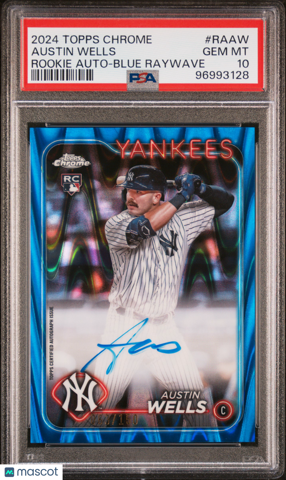 2024 Topps Chrome Rookie Auto Austin Wells #RAAW Blue Raywave 08/750 PSA 10