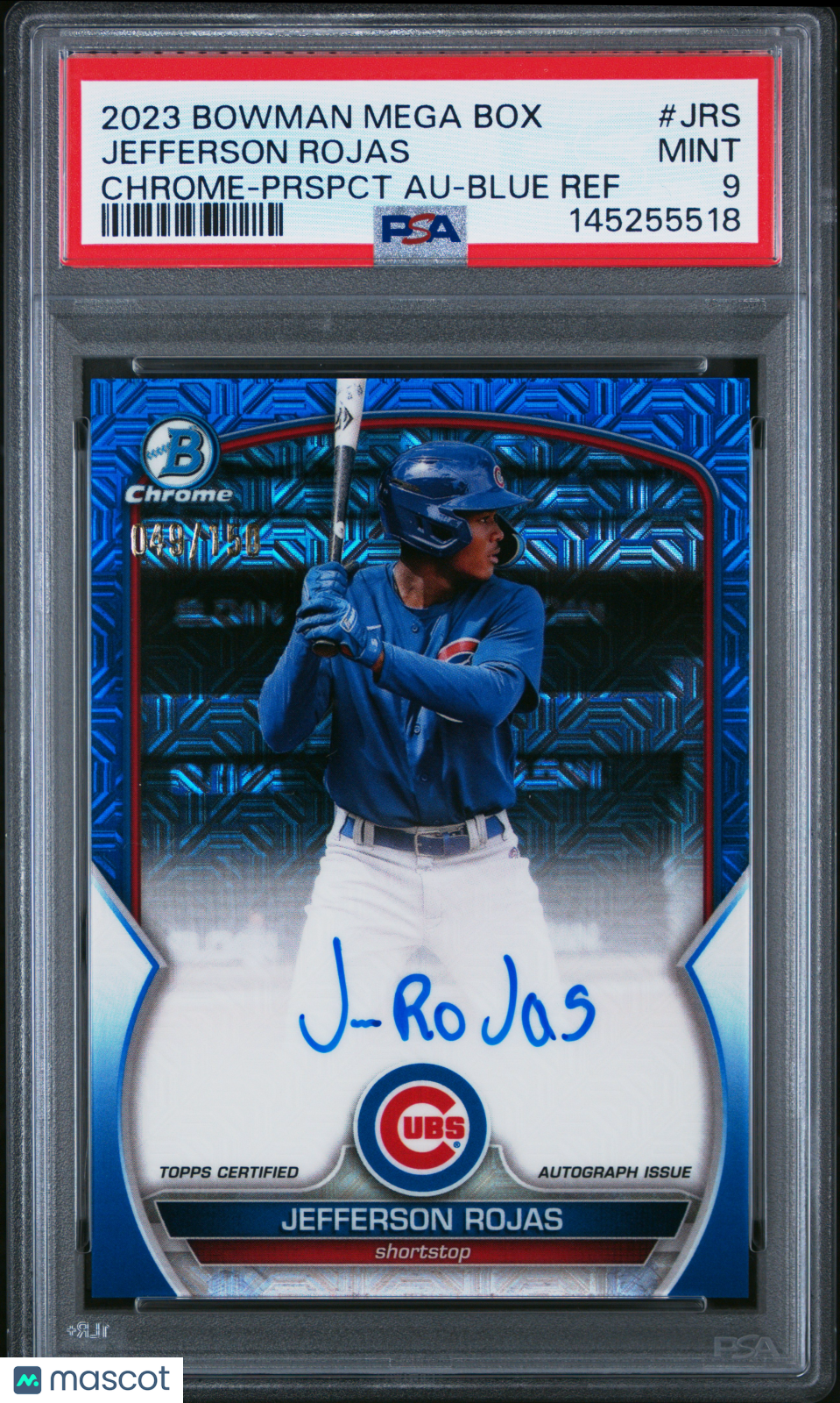 2023 Bowman Mega Box Chrome Prospect Auto Jefferson Rojas Blue Ref /750 PSA 9