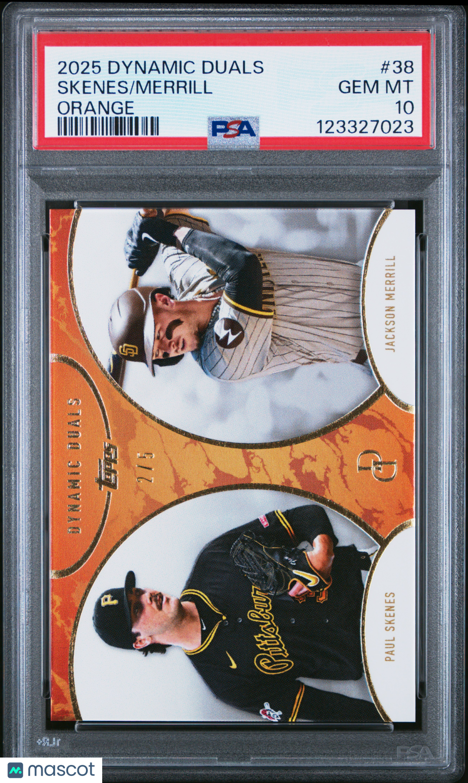 2025 Topps Paul Skenes/Jackson Merrill #38 Dynamic Duals - Orange 2/5 PSA 10