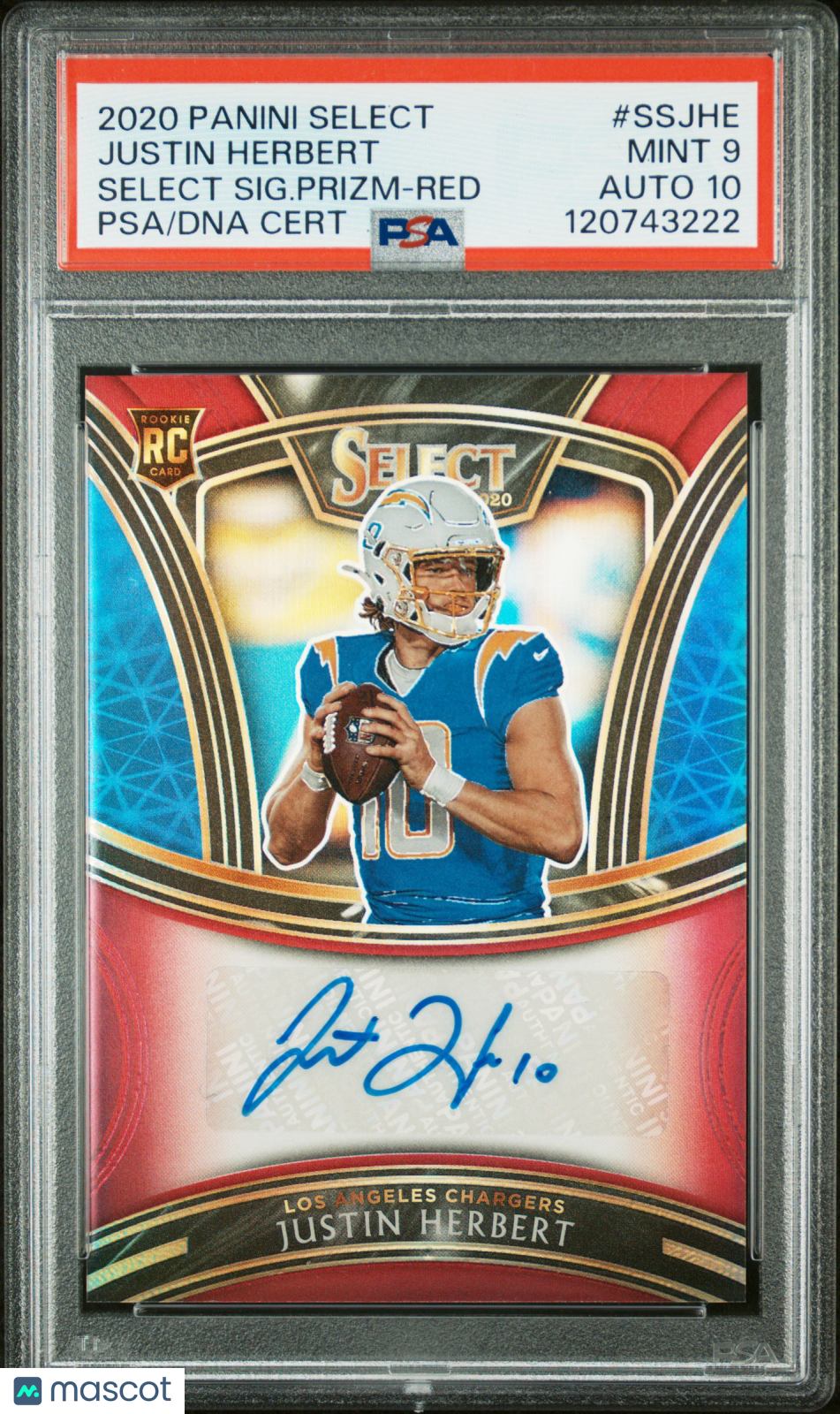 2020 Panini Select Signatures Justin Herbert Red 05/25 PSA 9 Auto 10
