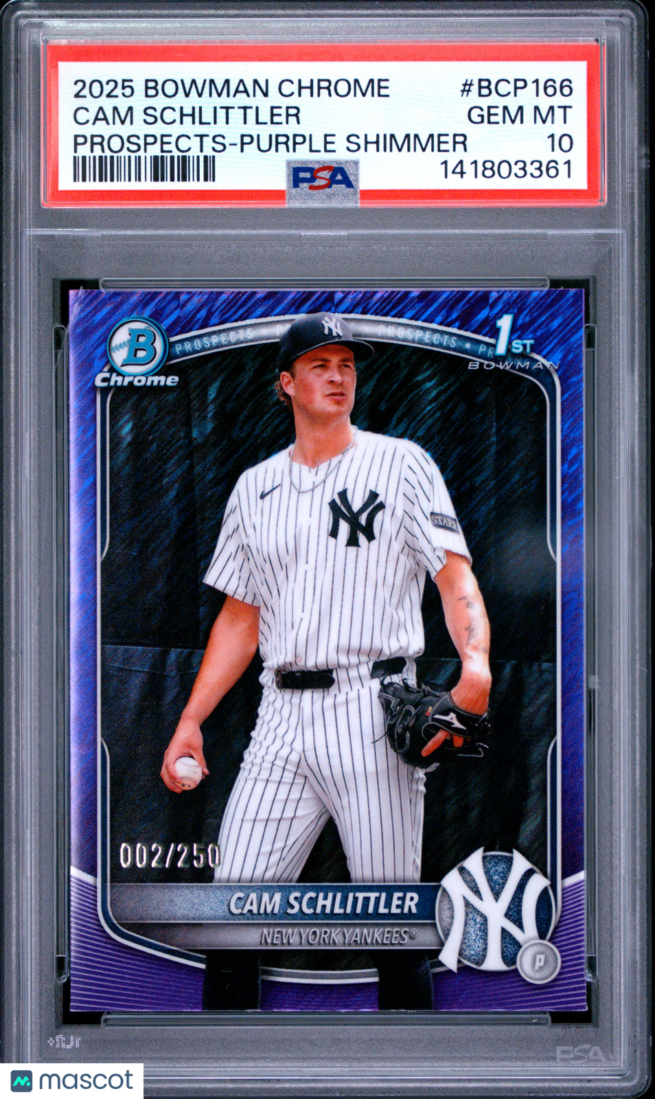 2025 Bowman Chrome Prospects Cam Schlittler #166 Purple Shimmer 002/250 PSA 10