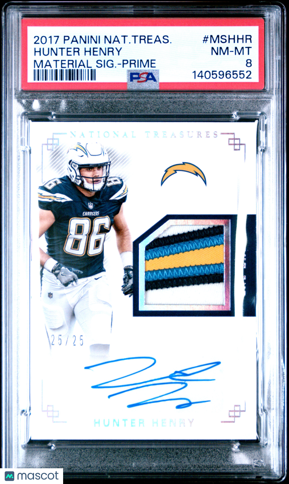 2017 Panini National Treasures Material Signatures Hunter Henry #HHR 25/25 PSA 8
