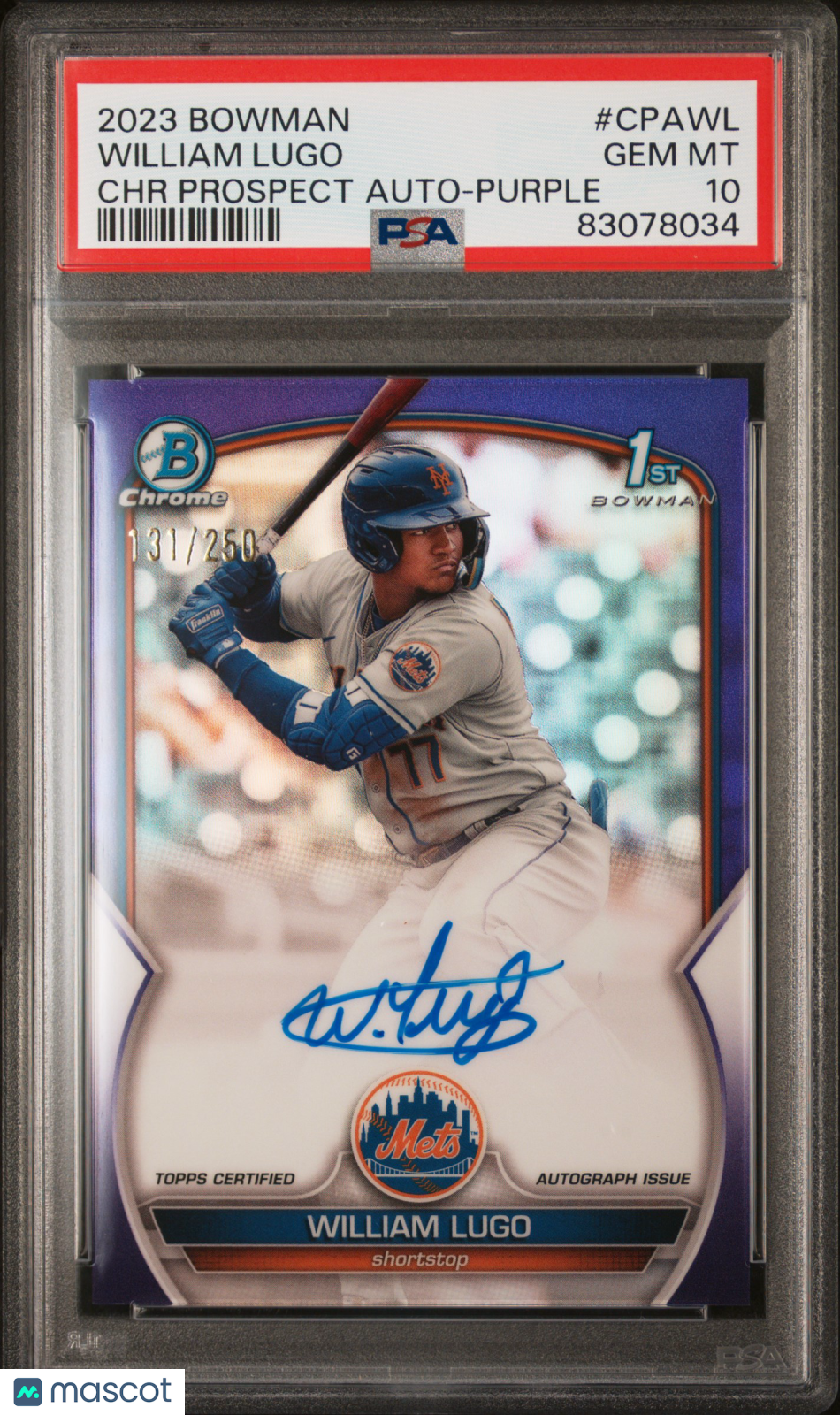 2023 Bowman Chrome Prospect Autograph William Lugo #WL Purple Ref 131/250 PSA 10