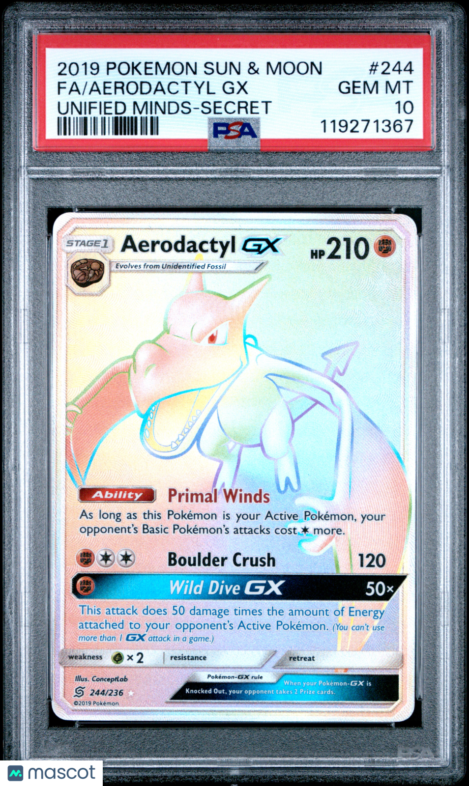 2019 Pokemon Sun & Moon Unified Minds Aerodactyl GX PSA 10 #244/236