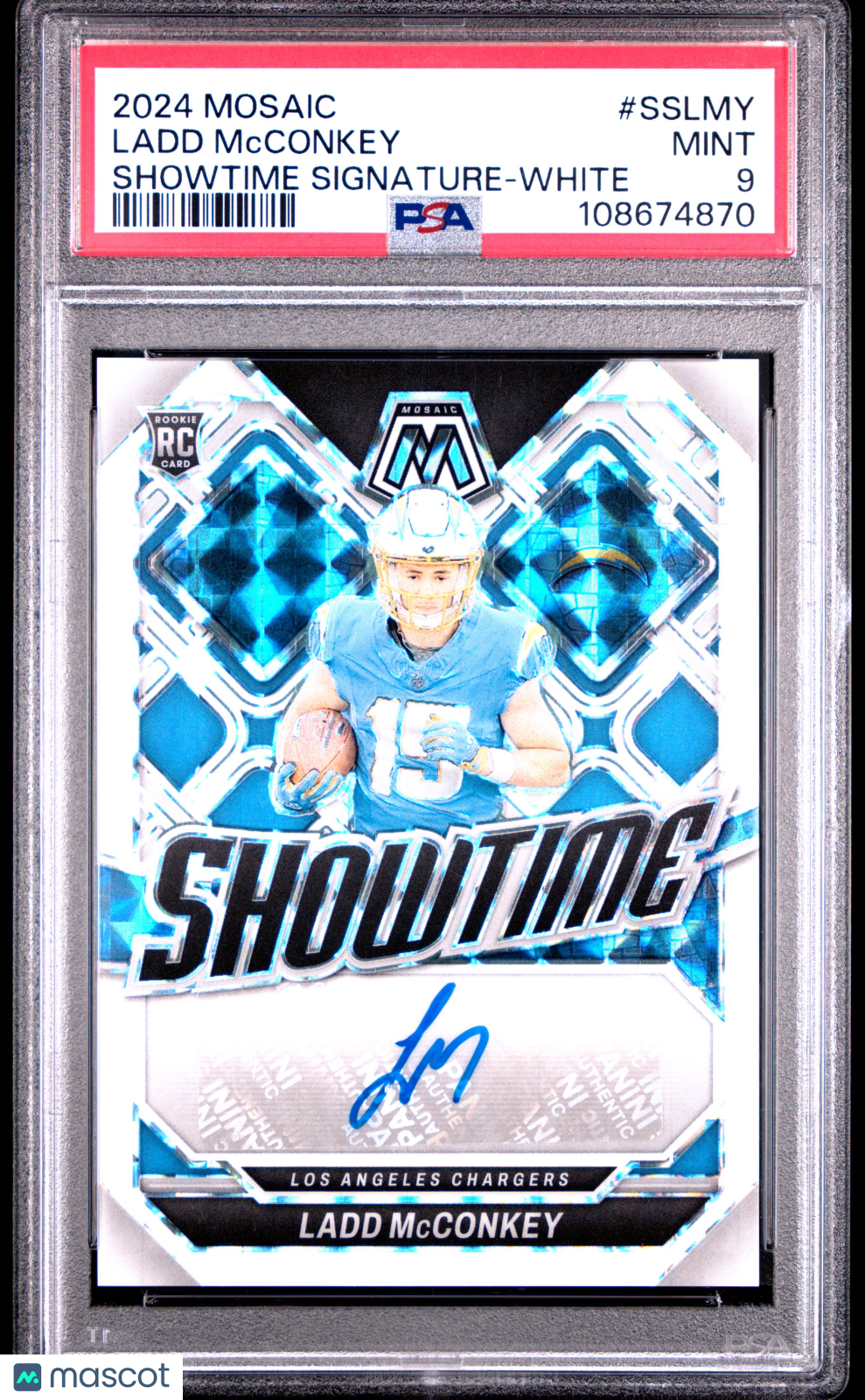 2024 Panini Mosaic Showtime Signatures Ladd McConkey #SSLMY White 14/25 PSA 9